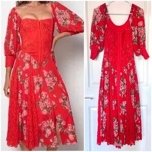 We Are HAH “Maiden Memphis” Corset Dress Prairie Boho Bustier Midi Red Floral
